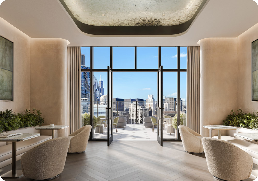 400 Lake Shore Drive_The Solarium Interior: Amenities on the 45th floor include the Solarium with western-facing views and Sky Fitness, the highest full-floor residential fitness center in the city. Credit: Related Midwest & Jorg