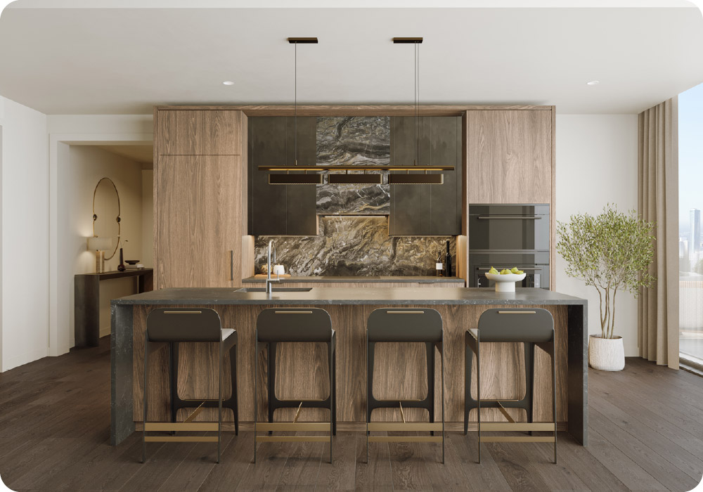 400 Lake Shore Drive_The Residences_2 Bedroom Kitchen: The Residences at 400 Lake Shore Drive feature Porcelanosa backsplashes and Italian cabinetry in the kitchens, along with marble flooring and porcelain-paneled showers in the primary baths. Credit: Related Midwest & Jorg