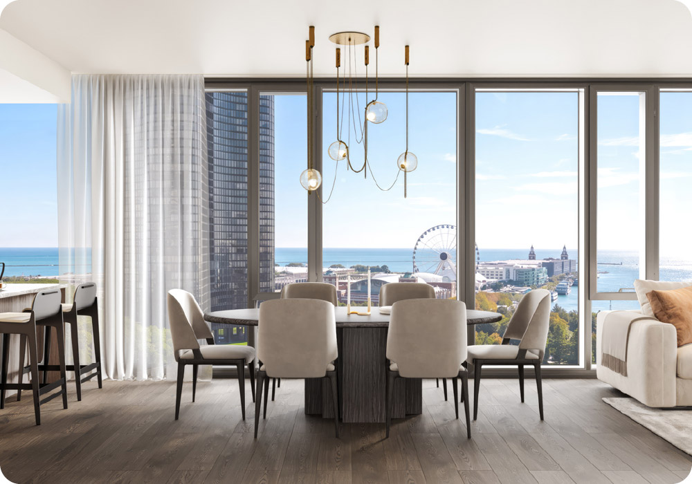 400 Lake Shore Drive_The Collection_2 Bedroom Living Dining: 400 Lake Shore Drive features 635 apartments, each with floor-to-ceiling bay windows that frame views of Lake Michigan, the Chicago River or the city skyline. Credit: Related Midwest & Jorg