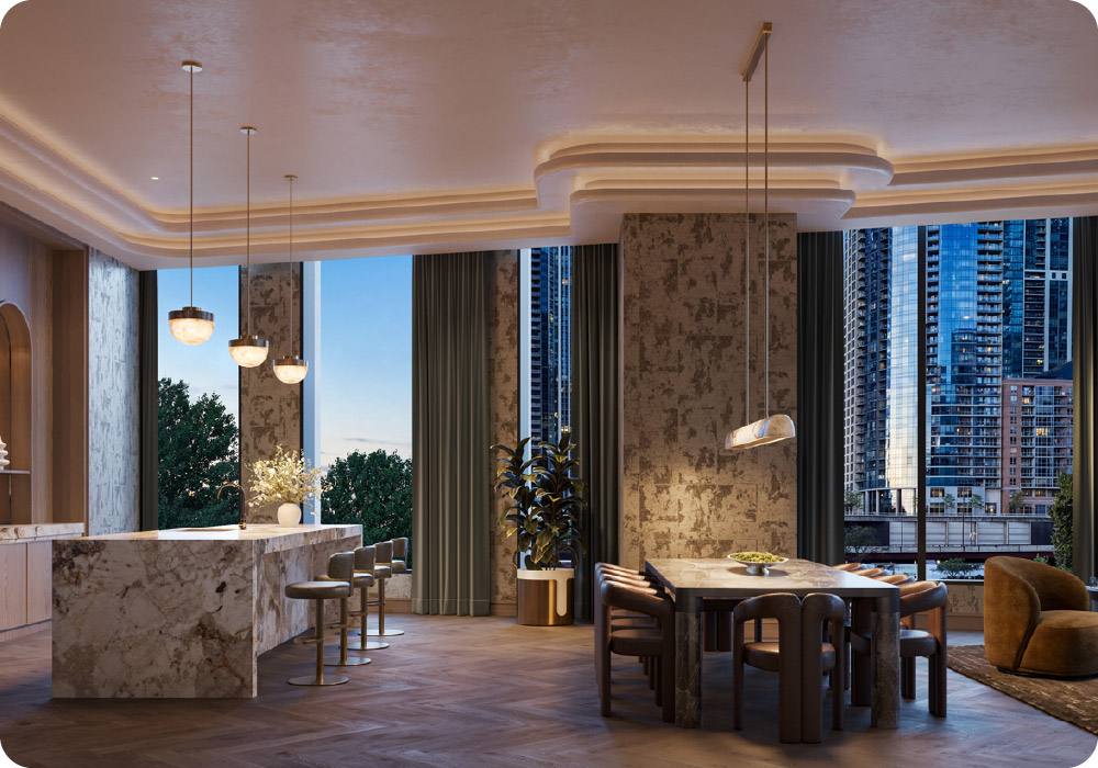 400 Lake Shore Drive_Lake Shore Clubroom: The Lake Shore Clubroom, featuring a reservable entertainment suite and catering kitchen, is among the more than 30,000 square feet of amenities at 400 Lake Shore Drive. Credit: Related Midwest & Jorg