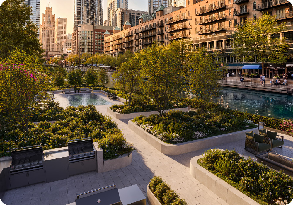 400 Lake Shore Drive_Terrace Garden on Ogden Slip: The Terrace Garden along the Ogden Slip is anchored by a waterfront pool deck and an adjacent amenity deck featuring outdoor kitchens, seating areas, fire pits and landscaping. Credit: Related Midwest & Jorg
