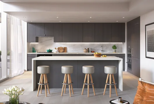 Open kitchens with custom grey-oak cabinetry, Bosch appliances, white Caesarstone counters and a Calacatta Caldia marble slab backsplash.