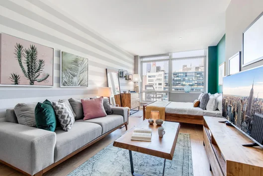 Open living and dining areas.