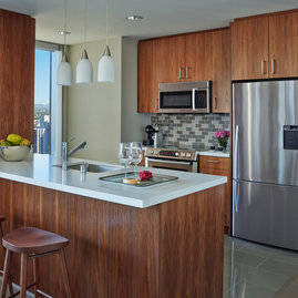 Aspire to culinary greatness in The Emerson's open kitchen with breakfast bar, featuring professional stainless steel appliances from Fisher & Paykel and Bosch, set against walnut cabinetry with Caesarstone counters and a full-height, tiled backsplash.