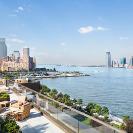 Mathews Nielsen designed rooftop with BBQ offers a panoramic vista of the Hudson River.