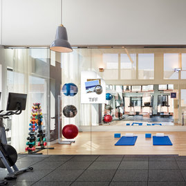 The fitness center features state-of-the-art equipment and separate a yoga studio for group classes or personal use.
