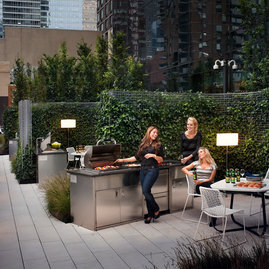 BBQ grills and outdoor seating areas