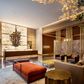 Sophisticated interior design by Andre Kikoski, including a richly decorated lobby and innovative gathering spaces. 