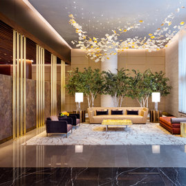 Sophisticated interior design by Andre Kikoski, including a richly decorated lobby and innovative gathering spaces. 