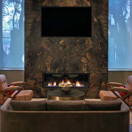 The technology lounge includes a fireplace.