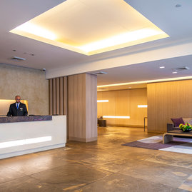 The Sierra lobby designed by Studio Gaia to be timeless and simple yet strong is attended 24 hours a day.