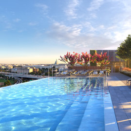 The gravity-defying rooftop infinity pool and hot tub offer unobstructed panoramic views of the District.