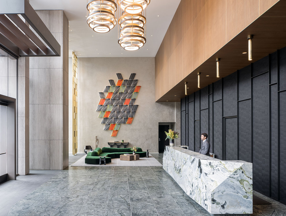 Julian Hoeber’s commissioned wall installation is comprised of 50 separate three-dimensional panels in the double-height lobby.