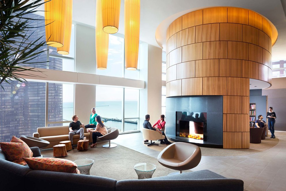 Residents can relax in The Library, an elegant lounge overlooking Lake Michigan.