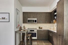 Gourmet kitchens feature gas cooktops and Bosch appliances with quartz counters and a marble backsplash.