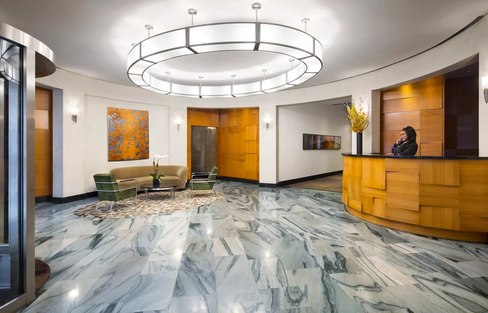 The lobby features a 24-hour concierge and doorman for 5-star service.