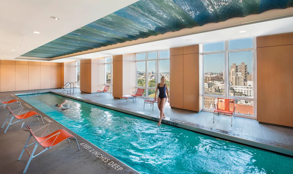 1214 Fifth Avenue's heated, 60-foot indoor pool is the true lap of luxury: pristine and staffed with a professional lifeguard during business hours.