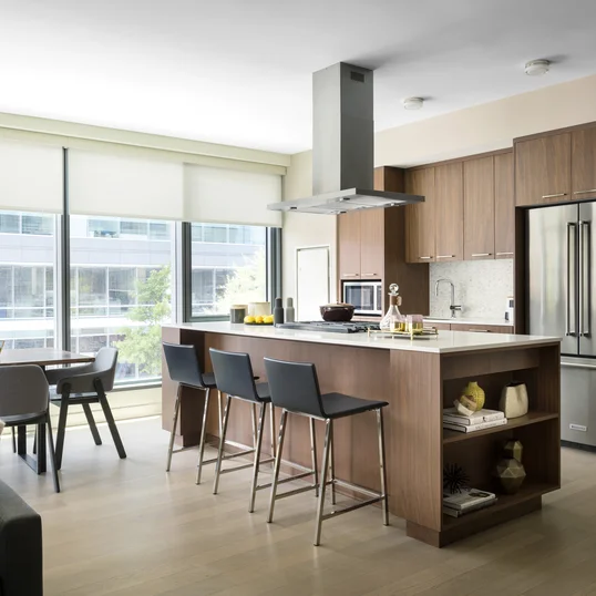 Custom walnut kitchen cabinetry, polished quartz countertops and Calacatta marble backsplash.