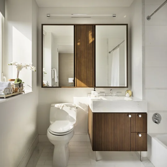 Custom walnut bathroom cabinetry with polished nickel hardware and imported Thassos polished marble countertop and floors, oversized marble showers and double vanities.