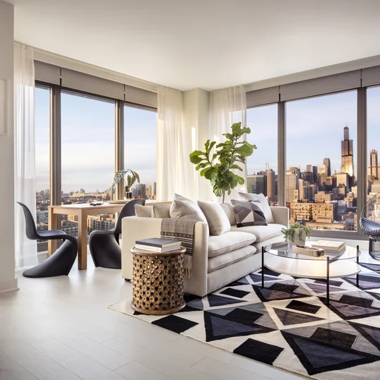Large windows showcase city views.