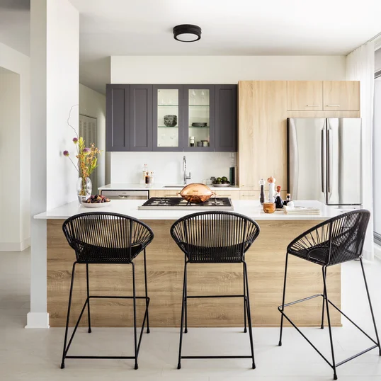Modern kitchens include Bosch appliances, refined subway tile backsplash, quartz countertops, stainless steel shelving, and stainless steel single bowl sink.