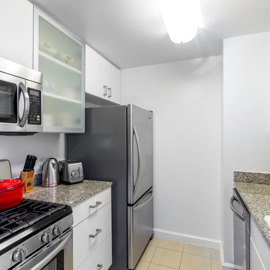 Gourmet kitchens gleam with minimalist, Euro-style frosted glass cabinets, stone countertops, and stainless steel appliances.