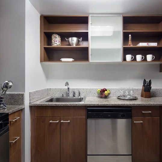 Gourmet granite kitchens with European-style glass door cabinetry, ceramic tile floors and stainless steel appliances will bring out your inner chef.