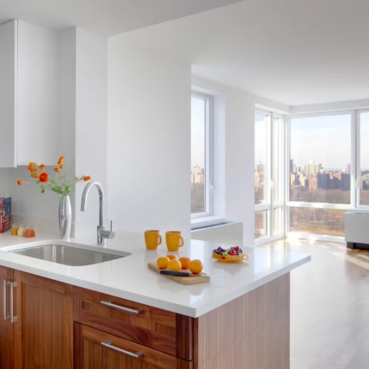 Light filled living rooms offering stunning views of New York City.