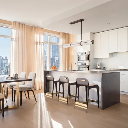 Kitchens feature Subzero built-in refrigerator, bottom mount freezer, Bosch Benchmark appliances including electric oven, gas cooktop, integrated dishwasher and microwave drawer.