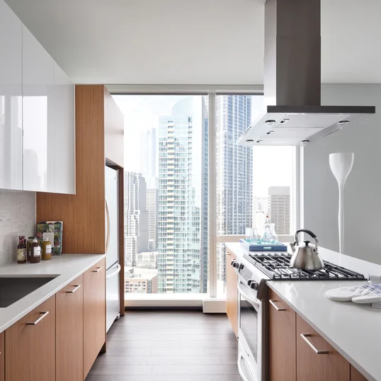 Gourmet kitchens with Snaidero duotone cabinetry and quartz countertops