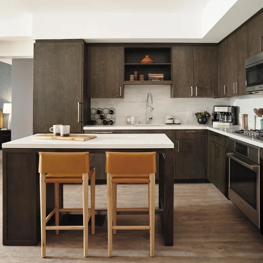 Gourmet kitchens feature gas cooktops and Bosch appliances with quartz counters and a marble backsplash.