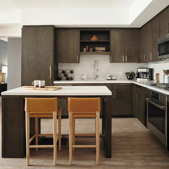 Gourmet kitchens feature gas cooktops and Bosch appliances with quartz counters and a marble backsplash.