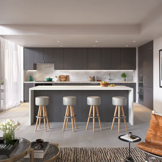 Open kitchens with custom grey-oak cabinetry, Bosch appliances, white Caesarstone counters and a Calacatta Caldia marble slab backsplash.
