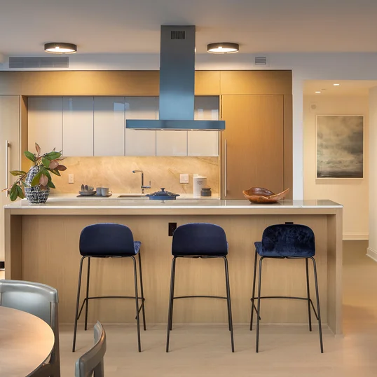 Italian designed and manufactured kitchens with custom oak cabinetry, natural Brazilian quartzite countertops and backsplash.