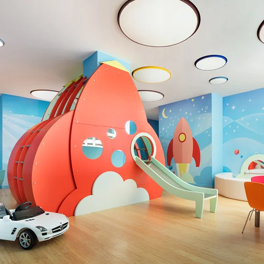 Children's playroom stocked with toys, books, and games.