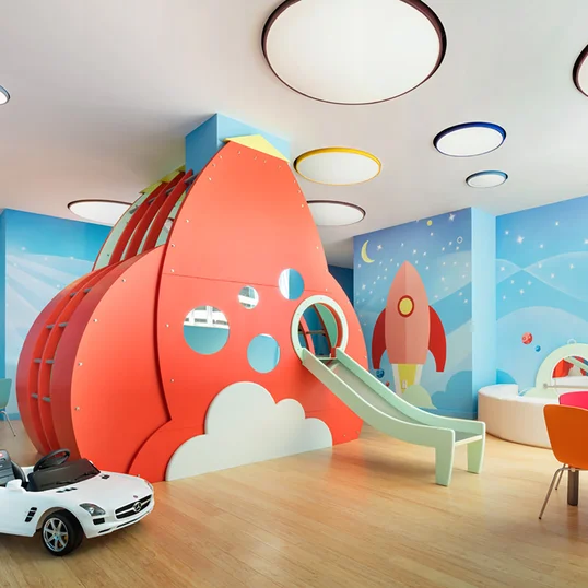 Children's playroom stocked with toys, books, and games.