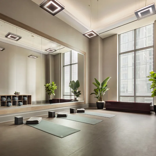 Fitness center is complimented with a yoga studio for mindfulness. 