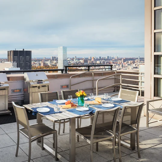 This lushly landscaped sun terrace complete with lounge chairs, tables and chairs provides the perfect setting to relax, refresh and recharge while enjoying views of the city.