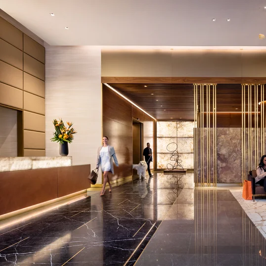 Sophisticated interior design by Andre Kikoski, including a richly decorated lobby and innovative gathering spaces. 