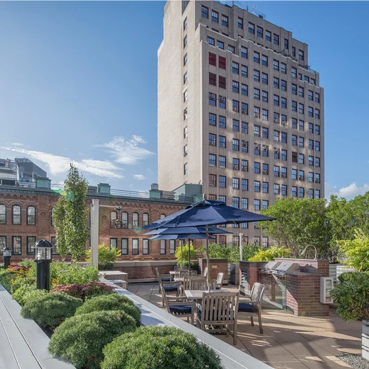Outdoor dining area with BBQ grills