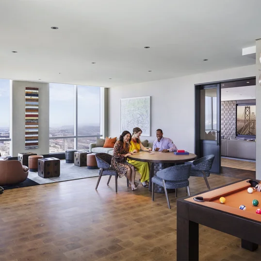 Media and game room with custom billiards table, TV, and bar