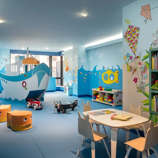 The children's playroom offers families dedicated space for their young explorers to run free, right inside the building.