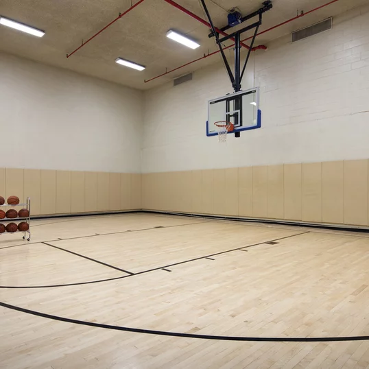 The half basketball court offers a regulation-height basketball goal.