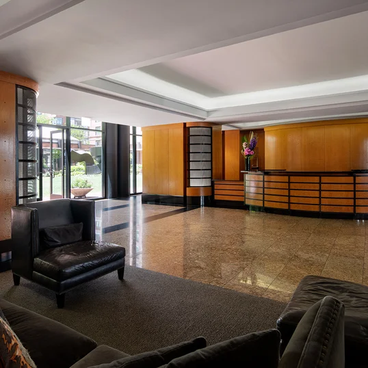 This distinctive building was designed by renowned architect Robert A. M. Stern.