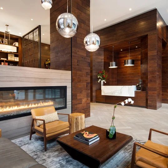 The lobby, designed by Rockwell Group, has a 24-hour concierge at the front desk and doorman, so you're always taken care of in your luxury home.