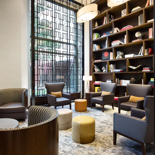 The lobby, designed by Rockwell Group, has a 24-hour concierge at the front desk and doorman, so you're always taken care of in your luxury home.