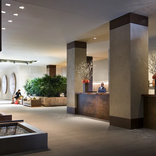 The lobby is a calming haven thanks to nature-inpsired design by Clodagh and the 24-hour concierge and doorman.