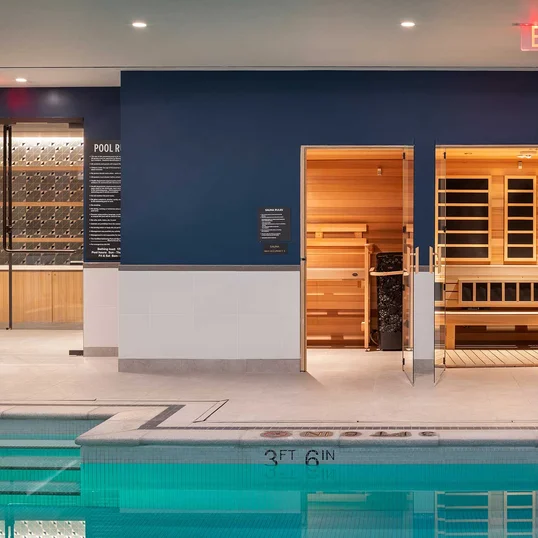 The cedar-lined sauna, infrared sauna, and steam room allows for spa-like relaxation in your own home.