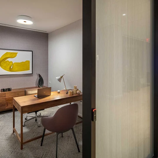 The resident-only co-working lounge includes individual workstations, private offices, and conferencing spaces.