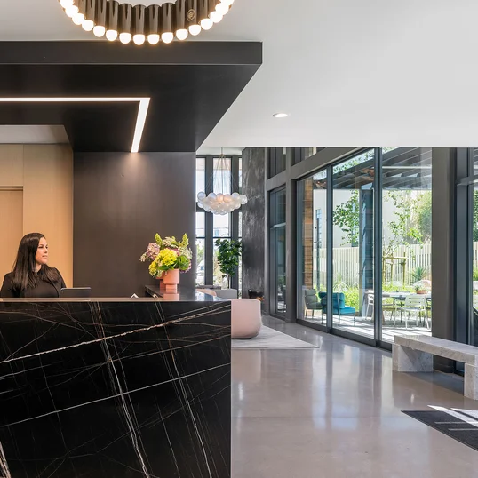 Attended lobby with fireside library and lounge